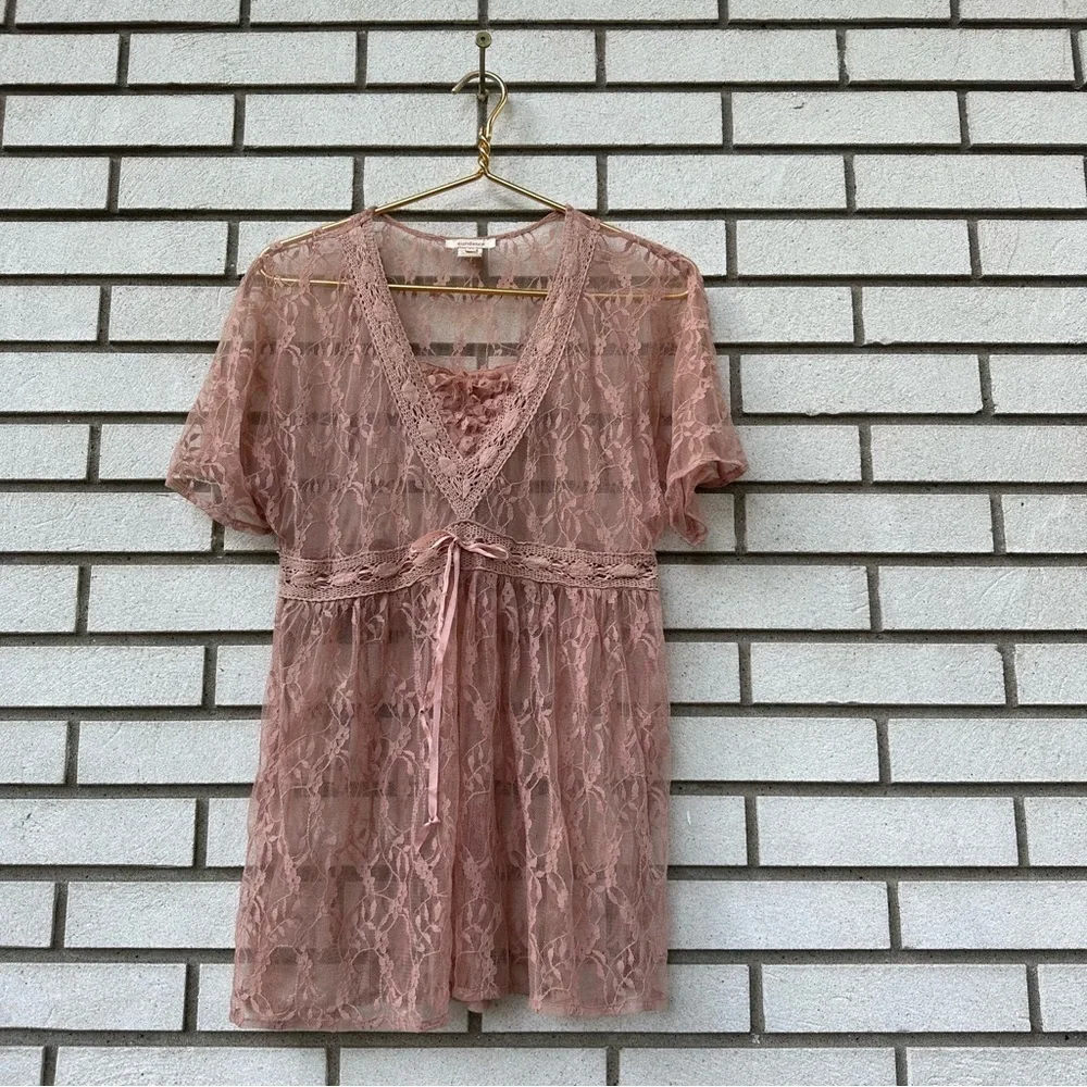 Sundance Sheer Lace Boho Top XS Mauve Rose Pink Crochet Trim Ribbon Romantic